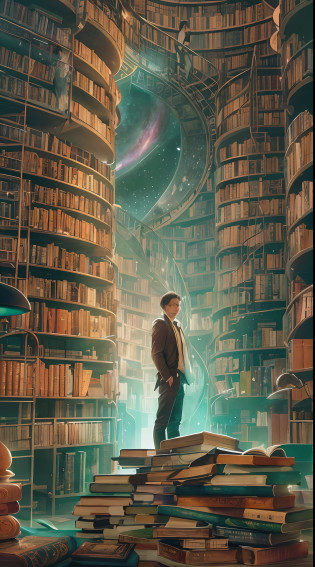 arafed image of a man standing in a library with books, endless books, borne space library artwork, books cave, fantasy book illustration, spiral shelves full of books, infinite celestial library, an eternal library, gothic epic library concept, magic library, japanese sci - fi books art, beeple and jean giraud, books all over the place