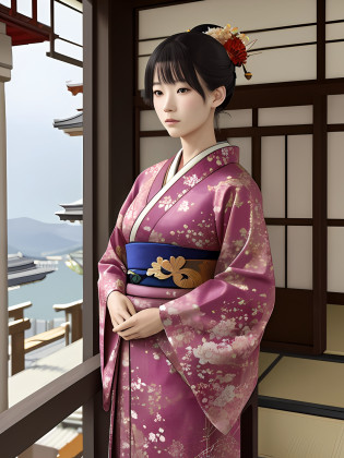 Woman in kimono standing on balcony, digital painting inspired by Shinsui Ito, Artstation, ukiyo-e, kimono, kimono, highly detailed kimono, 16yo, Japan kimono, beautiful digital artwork, live-action style, wearing kimono, Japan woman, 3d anime real