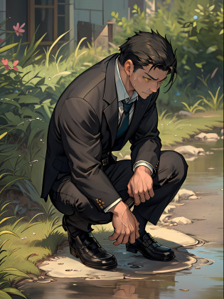 A3R1, Hector Fey ?Multi-view upper body? Suit pants view?legs separated?A3R1,pissing?Pee yourself?His own urine ran down his thighs?perfect male figure? Aerith Gainsborough ,The suit trousers are wet?Urine running down the leg of the trousers?Yellow eyes?Half squat?legs separated?Can't hold back urine?wants to pee?Wear a tie?wearing leather belt?Long Sleeve White Shirt??The shirt is soaked??Black hair short hair?perspire?Black suit trousers?dress shoes?Nervously bow your head?is shy?embarressed?exhilarated?is shocked?panicking?worry?exteriors?On dry ground? A small puddle of his own urine formed around his feet?half squatting?Very eager to pee?Unbearable?Can't hold back to urinate?Urine flows from the crotch to the leg?incontinence?It's uncomfortable?Very anxious?Sweat runs from the crotch?Wet yourself?urinating?high detal?hentail realism?ultra-realistic realism?three sided view? A masterpiece of careful planning?A high resolution? hyper HD ?anatomy correct?super detailing?best qualtiy?A high resolution?8K