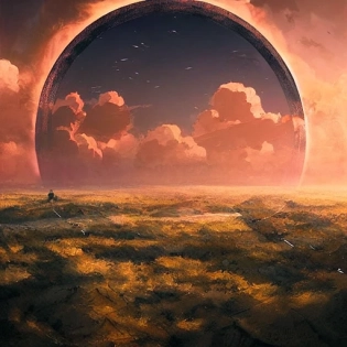 "Aerial view of stratocumulus forming a circular portal in the horizon by Ismail Inceoglu and Studio Ghibli, portal to a world in fire, 8 k, anime art style, cover art, dramatic scene Octane Render made by Studio Ghibli, great detail of depth, exceptional lighting, sunset, triadic colors, ominous