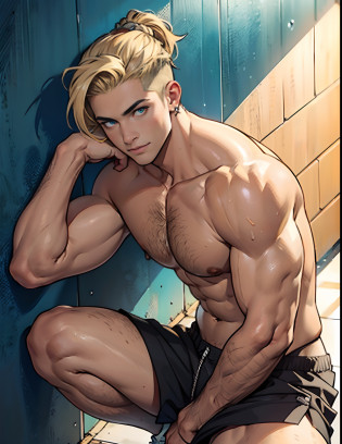 he's blond, tem um penteado curto e undercut. Ele tem restolho. Ele tem pele cor de mel. Ele tem olhos roxos. He's very muscular. Ele usa casual, roupas esportivas. Ele tem um anel labial, um anel no nariz e 2 piercings na orelha. imagem de corpo inteiro