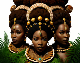 Crowns made of cowrie shells, (Afrofuturism), 8k, 4 QUEEN (african crown close-up), positive perspective!! , crown with diamonds and ((seashells)) on a jungle background! , plants, crown made of plants, super realistic african fantasy crown, afrofuturistic crown, cyber_africa