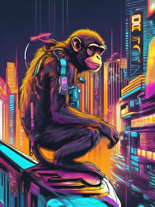 A futuristic monkey figure, with lights in eyes, surrounded by vibraprint ready vector t-shirt design, cyberpunk monkey illustration, side view, sticker, clean white background, professional vector, high detail, t-shirt design, graffiti, vibrant nt futuristic cityscape.A futuristic monkey figure, with lights in eyes, surrounded by vibraprint ready vector t-shirt design, cyberpunk monkey illustration, side view, sticker, clean white background, professional vector, high detail, t-shirt design, graffiti, vibrant nt futuristic cityscape.