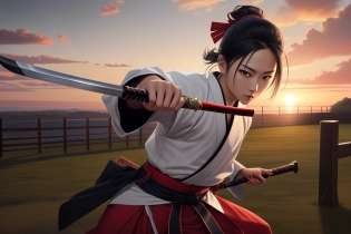 sword over shoulder, kodachi, holding sword, laundry pole, holding sheath, arm blade, ensis exorcizans, tsuba \(guard\), mizura, samurai, battoujutsu stance, sword cane, sunrise stance, tachi \(weapon\), red hakama, tsuka \(handle\), yukianesa, seven-branched sword, twirling weapon, kouhaku nawa