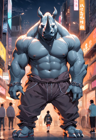((foto crua)), ((obra-prima)), Anthropomorphic humanoid rhinoceros wearing (((roupas de streetwear))), caminhando furiosamente entre as pessoas, detalhe intrincado, intricate Greebles pieces, city behind, corpo musculoso, (((large muscles))), muscular arms, (small head), Ogro monstruoso, Titan soft lighting, Hiper realista, soft-lighting, Ambiente sinistro