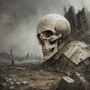 In the carnage of the battlefield, an English soldier remains lonely and motionless. His worn and bloodied uniform bears witness to the horrors of war. Over his figure, the skeletal and macabre body of a skull emerges, contrasting with the scene of destruction around him.

His blank, lifeless gaze fixates on the horizon as if searching for answers in the midst of chaos. The dark valleys of their orbits reveal the absence of emotion and the mark of inevitable fate. The skull devoid of flesh and muscle harks back to lives lost and memories erased by the brutality of war.

The crumbling trenches and bloody rubble around it depict the merciless violence that pervades the battlefield. The smell of smoke and death hangs in the air, while the groans of the wounded echo through the desolate environment. The red-stained soil reflects the human cost of this terrible war.

The ominous silence is interrupted only by the whisper of the wind and the distant sounds of shelling. Through this grim image, we are confronted with the cruelty and ephemerality of life in the midst of conflict. The skull-faced soldier personifies the inevitability of death in a world steeped in violence and destruction.
Free Research Preview. ChatGPT may produce inaccurate information about people, places, or facts.  professional majestic oil painting by Ed Blinkey, Atey Ghailan, Studio Ghibli, by Jeremy Mann, Greg Manchess, Antonio Moro, trending on ArtStation, trending on CGSociety, Intricate, High Detail, Sharp focus, dramatic, photorealistic painting art by midjourney and greg rutkowski