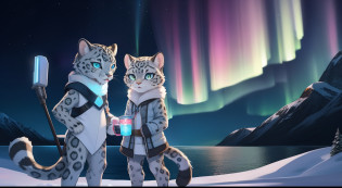 Furry mascot?Standing furry?Handsome and furry?Furry Fur?Standing furry fur?Furry snow leopard?Standing snow leopard?Lovely image?snow leopard?Cute furry?Large research vessels?Snow leopard on ice?Beautiful aurora?Look at the aurora, Long, Fluffy tail?In the Arctic?The ship is brightly lit??is in night?nigh sky, Winters?stars?Close-up of cute characters