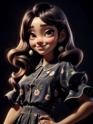 Single girl, solo, long hair, BLACK eyes, black hair, smile, earrings, pajamas , short sleeves, jewelry, puffy sleeves, looking at viewer, dress, puffy short sleeves, upper body, Very detailed background, BROWN dress, 1 9 5 0 s dark background, blush, lips, Disney , Pixar <lora:disney:0. 9>, <lora:add_detail:1>, 8k, UHD, HDR, (Masterpiece:1. 5), (best quality:1. 5), Anime style photo, Manga style, Digital art, glow effects, Hand drawn, render, octane render, cinema 4d, blender, dark, atmospheric 4k ultra detailed, cinematic sensual, Sharp focus, hyperrealistic, big depth of field, Masterpiece, colors, 3d octane render, concept art, trending on artstation, hyperrealistic, Vivid colors, modelshoot style, (extremely detailed CG unity 8k wallpaper), professional majestic oil painting by Ed Blinkey, Atey Ghailan, Studio Ghibli, by Jeremy Mann, Greg Manchess, Antonio Moro, trending on ArtStation, trending on CGSociety, Intricate, High Detail, Sharp focus, dramatic, photorealistic painting art by midjourney and greg rutkowski