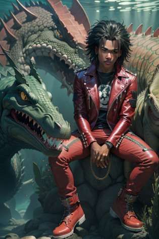 jaqueta de crocodilo (alta qualidade:1.2),menino de pele negra ,cabelo verde de metal encaracolado,jaqueta de lagarto,vestido rosa,botas vermelhas,Rockstar posa,Segurando um baixo iridescente,underwater background ,  anime , manga