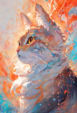 Illustration of an extremely beautiful cat in contemporary figurative diconstruction art, delicate hues, tiny BUBBLES, transmission fluid,oil,triadic alcohol ink marbling, acrylic DUTCH pour painting style by artist Carol Cavalaris ,Tara Turner, Marieka Diepenveen , contrasting hard lines with soft features and mixed emotions., by artist Jason Thielke, fine art, masterpiece,