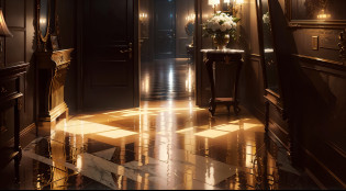 Straight corridor?At the end is an open brown gate?The door was dimly lit by lights?On both sides are walls with vintage wallpaper?Decorative paintings hang on the walls?Allafed Corridor?Floors with intricate marble?Equipped with vintage chandeliers?The vintage American d�cor is gorgeous?baroque?Rococo?neoclassicism style?ornate and elegant?Neoclassical style?ornate and detailed?ornate retreat?tmasterpiece?best qualtiy??Very detailed wallpaper of G6unty 8K??HighestQuali???Most Best Illustration??(Best shadow)??cinmatic lighting?3?detailed anime style illustration?luxury goods?Amazing Gatsby style