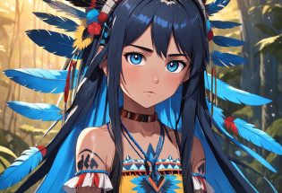 anime 12 year old indigenous Brazilian girl from the indigenous peoples of the amazon, traditional indigenous clothing, anime art style like an acrylic painting, long straight black hair, with blue eyes, traditional blue body paint from the indigenous peoples, fearless face, wearing rosary with cross around her neck along with colorful bird feathers