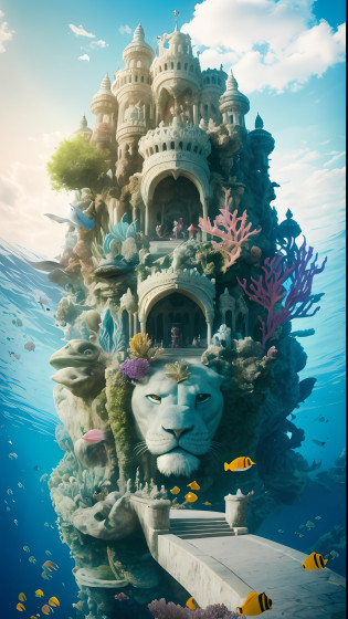 In the deep sea, in the sea, the palace of the underwater world is built on the mountain, and a huge stone lion guards in front of the palace, showing the majesty of the king. The interior layout of the palace is exquisite, and the dragon pillars are carved with lifelike mysterious creatures, as if listening to everything in the palace. Every corner exudes a different atmosphere, there is a quiet river, and a quiet garden, with bright lights, shining like a starry sky. All kinds of fish swimming in the water are dancing, and the colorful corals and shells are like works of art, adorning the entire underwater world palace. Here, it seems to have traveled to a mysterious and wonderful kingdom. Countless fish, sharks, turtles, and bubbles floating around