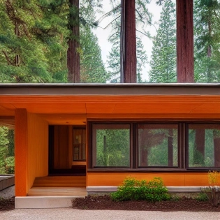 Eye level hyper realistic photo of the exterior of a mid-century modern house, redwood , granite, large glass windows in a the High Sierra forest, Frank Lloyd Wright