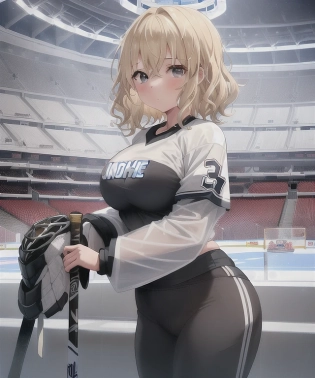 1girl, medium wavy cut, bangs, medium breast, cute blonde girl hair, ice hockey player, enclosed stadium, black stadium, no sunlight, no sunroof, team uniform, huge logo on shirt, long sleeves, player number on sleeve, hockey stick on ice, wearing pants, thousands of fans attending, white ice, reflective, wearing hockey helmet, NHL player, (helmet), wearing hockey helmet, equipment, alone in image, audience, reflective ice, hockey nets, goalie, gear, pose, view from right, different camera angle, position, shoulder level camera, sitting on ice