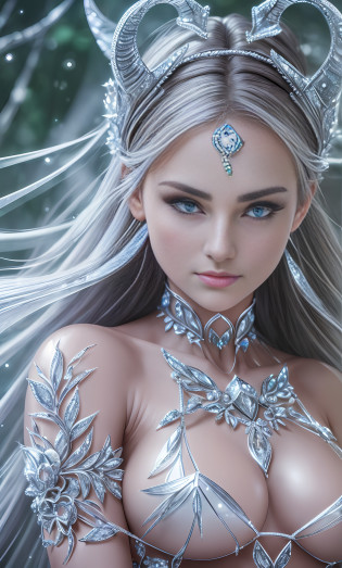 ((raw photo:1.2)), (photorealistic:1.4), a woman, exercised figure, uncut, pointed ears, (big breasts), frozen crystal texture branch background, harsh climate, strong wind, skin frosting, clear skin texture, clear pores, pale skin, demon horns on the head, gemstones hanging from the forehead, double eyelids, light blue eyes, shiny eyes, long eyelashes, beautiful and delicate girl, very detailed eyes and face, beautiful detailed eyes, absurdity, incredible absurdity, huge file size, super detailed, high resolution, very detailed, best quality, masterpiece, (crystal gown with extreme detail shining with diamond light, very low cut)), very detailed, amazing momentum, fine details, masterpiece, best quality, very detailed CG uniform 8k wallpaper, face light, movie lighting, 1girl, 35 years old, (((dynamic pose))), ((glowing skin)), 16k, Super detail, (anatomically correct), textured skin, best quality, hyperrealism, realism, masterpiece --auto --s2