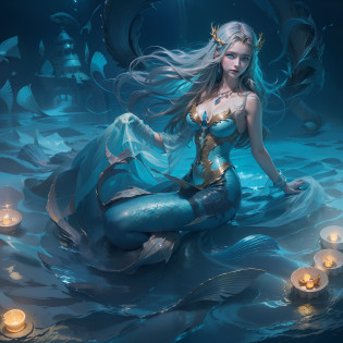 (Numerous award-winning masterpieces, with incredible detail, textures and maximum detail), (full body view:1.5), (hyper realistic:1.4), (realistic:1.3), (best quality real texture skin), (((in water))), (deep deep sea:1.5), (Dark sea at night:1.6), (finely detailed true circle Symmetrical eyes), finely detailed face, ((medieval world)), (full body view:1.5), ((mermaid)), ((mermaid princess)), ((mermaid nobility)), (burn brightly icy look in the eye), (She has a mischievous smile on her face), (Sunken ship with treasure:1.4), A temple Sunken in a coral reef, ancient Sunken city, Sunken temple, Sunken great cathedral, Sunken temple ruins, Sunken detached temple, Sunken Ruins of an ancient castle, Shining majestic water and light, coral reef, (Eyes that glow blue in the dark:1.5), (A pair of Ice-blue eyes with strong blue light emitting from within:1.5), (bio luminescence:1.5), (full body view:1.5), (Swirling water stream and tidal current in the background), (Dramatic Light), (A majestic sight), (Her countenance is gentle and beautiful), Glass earrings on the ears, (dramatic photo:1.4), ((dramatic pose)), (flamboyant photo), (golden hair), (silver hair), (chestnut hair), (full body view:1.5), ((looks up)), ((looking down)), (Around her neck is a simple necklace of exquisite workmanship), (Bio luminescence with a brilliant glow:1.3), (Use flashy Hydro magic:1.2), (beautiful fish in the surroundings), (Luminous magic circle:1.5), (full body view:1.5), epic realistic, faded, art, (Greg rutkowski:0.8), (teal and orange:0.4), (art station:1.5), cinematic, ((neutral colors)), (hdr:1.5), (muted colors:1.2), hyper detailed, dramatic light, (intricate details:1.1), complex background,