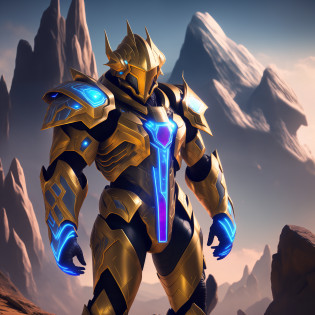 a man in armor standing in front of a mountain with a glowing halo, cyber armor, cyber fight armor, space armor, cyber suit, cyber armour, clothed in cyber armour, intricate glowing mecha armor, protoss!!!!, protoss, protoss!!, starcraft 2 videogame character, anthem game inspiration, mecha suit, epic scifi character art