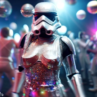 female stormtrooper wearing armor made of disco ball reflectors dancing in a nightclub , perfect face, nose, hands and legs , polaroid photography, 8k, wide shot, hyper realistic and hyper detailed, textured skin, star wars style, cinematic realistic shot, blurry people in the background .