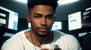 (1 young black man),The face of this young black youtuber is expressive and striking, with strong features and a confident expression. His skin is well groomed and his short, well-made beard complements his modern and cool look. His dark eyes are piercing and convey mystery and suspense, which helps create an atmosphere of tension in his videos of urban legends. His posture is relaxed and secure, which shows his confidence in front of the cameras and contributes to creating a strong connection with his audiencebetter quality, high detail, incredibly delicate and beautiful illustration He is wearing an ordinary red T-shirt and jeans, which reflect his practical and cool style. Its leather strap adds a touch of style to its simple, relaxed look. His short black hair, short beard and light brown eyes catch the attention of his followers, while he holds a cup of hot coffee in one hand and a microphone in the other. He is focused and determined to create quality content for his audience while keeping his posture safe and relaxed, which contributes to creating a strong connection with his followers. In short, he's a successful YouTuber, known for his exciting and engaging urban legends, and his stripped-down style adds a personal touch to his content. High quality 4k image