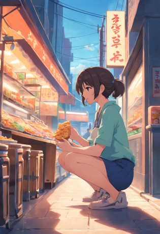 Anime Female character snack street?NSFW,entranceway,The girl kneels in front of the man,A girl licks the male genitals of a sitting man,