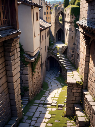 medieval times?former times?in isekai?stone pavement?Back alley?Stone stairs from the bend?oud?Crumbling stairs?Italy?unmanned?no humans?No animals?leisure?silence?Skysky?Dense stone building?during daytime?warm?Made mostly of stone?Vanishing point left