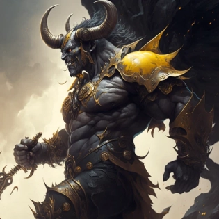 Artgerm, WLOP, Greg Rutkowski; SUPER POWERFUL MINOTAUR GOD WITH BIG AXE , IN BATTLE, Intricately Designed Black and YELLOW Armor, DARK AURA coming out of his body, Photograph Taken on Nikon D750, Intricate, Elegant, Digital Illustration, Scenic, Hyper-Realistic, Hyper-Detailed, 8k
