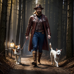 Model
majicMIX horror
man (( solo)) with a beard , Dressed in a hunter's costume, he walks with a dog of the Fox Terrier breed Wire-haired through the forest , The man's boots are visible , The dog's paws and tail are visible , Front light , Very beautiful forest.