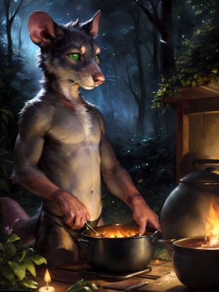 solo, male, (slim), (male anthro possum):1.3, grey body, white belly, (inside a cooking pot):1.3, (kemono:1.4)
(inside a black cooking pot) (black thong, red pattern:1.2),
detailed eyes, possum tail, covered in vegetables ((body portrait)), 
, (detailed eyes, green eyes, glowing eyes):1.1,
(outdoors:1.35),  giant cooking pot, forest, candle, night, (particles ,firefly, blue glowing):1.3, 
detailed background, photorealistic, realistic hands, 8k HD,
(dark shadows, wide dynamic range, hdr, low light:1.2),
by (by Pino Daeni, (by ruaidri), (by virtyalfobo), (by Kenket).