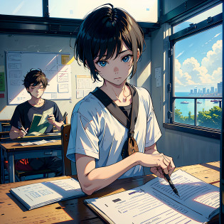 The sun is shining at noon, a boy is sitting in the classroom, (boy 1.5) The man is wearing a white T-shirt, the background is in the classroom, sitting on a chair, sitting on a stool, holding a pen, (there is a test paper 1.5), (Money Falling Down in the Classroom 2.0) (Money Falling Around: 1.8), the camera mainly features the upper body, (the lens mainly features Money Falling Down in the Classroom 2.0), in the Loepfe Art Style ((New Sea City), popular in CGStation, Shinkai Cheng H 2160, inspired by Bian Shoumin, Xinhaicheng, Kavassi, Guwitz style, high quality, 4K, 8K, resolution, -auto-s2