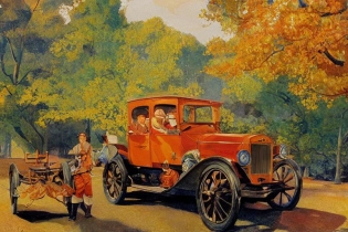 Illustration of Chevrolet car in the fall, colorful leaves, oil painting, highly detailed, by NC Wyeth, J. F. Kernan, John falter, Douglass Crockwell