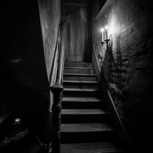 black and white photo of an old basement stair, 1800s house, candle light, scary and dark, horror theme, photorealistic, detail rich, 16k, atmospheric, photograph, cinematic, shot on Hasselblad H4D 200MS Digital Camera, Mitakon Speedmaster 65mm f/1. 4 XCD, Fresnel lighting, --v 5