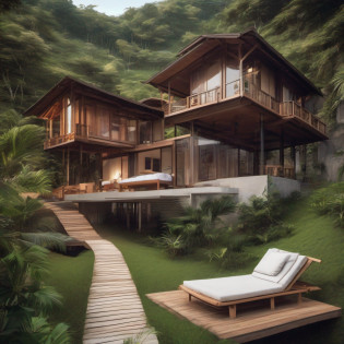 Images are real, Architectural Design of Villa, Pine wood, glass, One Floor, Tropical style, perspective, Hillside, Look at the Rice Fields, Big Tree In The Garden, outdoor Aurora, Loft Net, outdoor bath , Wooden nodes, porch, lazy sofa, outdoor cinemas,