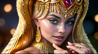 high quality photograph of Margot Robbie a beautiful Egyptian wearing golden haute couture posing for haute couture perfect details, intricate, super detailed, super realistic, 12K, she is distinctive and regal, she commands the photography with her expression and clothing, the fabrics are premium and beautiful, she is confident and strong, the hands are face is realistic, she is serving face,  the image is inspiring to women, beautiful artistic talent, the photography is intrusive, photographic moneyshot, taken with Canon EOS R5, 24 � 70mm f/2. 8 lens, perfect anatomy, hands with 4 fingers and 1 thumb, rendered in 8K resolution for high quality detail, 8K image quality, 8K high resolution image, hyper detailed, super realistic, intricate details