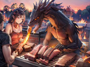 Dragon breathing flames from its mouth?((Humans grilling bone-in meat:1.5))?A smile?Dragons and Humans