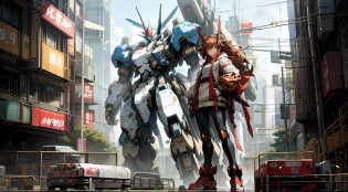 anime characters standing in front of a giant robot in a city, modern mecha anime, mecha anime, giant anime mecha, cool mecha style, anime mecha aesthetic, mecha asthetic, an anime large mecha robot, cyberpunk anime girl mech, krenz cushart and wenjun lin, girl in mecha cyber armor, mecha art