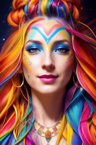 gorgeous female, (style-paintmagic), long hair, rainbow hair, colorful, attractive, flirting, (((full body visible))), (((looking at viewer))), portrait, photography, detailed skin, realistic, photo-realistic, 8k, highly detailed, full length frame, High detail RAW color art, piercing, diffused soft lighting, shallow depth of field, sharp focus, hyperrealism, cinematic lighting
