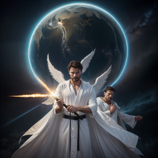Archangel Michael and two heavenly angels fighting Lucifer in Heaven, many angels, great white wings, holding flaming sword, white robe, around heavenly flames, Jamie Dornan Archangel Michael, Tom Ellis Lucifer, battle in the heavens, wearing short black beard, focus on the details of the face, coming out happy rays, serious and attractive man, wearing white robe, magical and real effect,  film cover, with magical light explosions, powerful celestial warrior, similar to actor Jamie Dornan, sky image background of outer space above planet earth, (8k, RAW photo, best quality, masterpiece: 1.2), (realistic, photorealistic: 1.37), professional lighting.