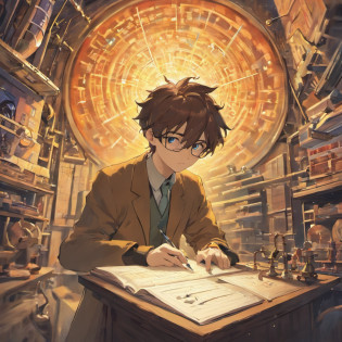 An energetic 23-year-old man, deeply immersed in the world of physics. His eyes sparkle with curiosity and determination as he dives into complex equations and theories. With a focused gaze, he delves into scientific research in his state-of-the-art laboratory, surrounded by cutting-edge equipment and meticulously organized notebooks. He is passionate about unraveling the mysteries of the universe and is determined to contribute to the advancement of science. The air is filled with an intense atmosphere of scientific inquiry and the scent of freshly brewed coffee fuels his restless mind. The room is bathed in a soft, warm light accentuating the precision of his scientific instruments. The walls are adorned with colorful posters illustrating fundamental concepts in physics, reminding him of his role in the greater scientific community. The monotonous sound of pen scratching on paper punctuates the silence, evidence of his relentless pursuit of knowledge. As his research progresses, his face lights up with excitement and joy, knowing that his work has the potential to reshape our understanding of the world. The vibrant colors of his surrounding environment reflect the intricacies and complexities of the physical world, reinforcing his awe and reverence for the laws of nature. Every detail of his face, from the graceful arch of his eyebrows to the slight smile dancing on his lips, radiates an undeniable sense of purpose and enthusiasm. The amalgamation of scientific instruments, books, and equations serves as the backdrop to his intellectual journey, providing an inspiring canvas for the exploration of fundamental truths. Together with his fellow researchers, he embarks on an extraordinary voyage towards scientific discovery, their collective efforts pushing the boundaries of our knowledge. The image quality is of the utmost importance, with every detail rendered in exquisite detail. The colors are vivid and rich, capturing the essence of the scientific pursuit. The li