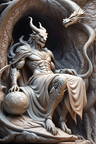 Close-up of dragon statue with ball, beautiful male god of death, fit male demon with white horns, highly detailed sculpture, Zbrush Central Contest Winner, zbrush contest winner, in style the demon seated, resin statue, Overly detailed sculpture, cgi clay sculpture, hyper-detailed fantasy character, sculpted in zbrush, sculpture of moloch