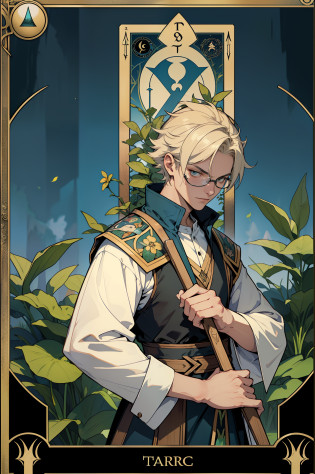 tarot cards?Full tarot border??best images quality??(The image is surrounded by a tarot card-style border:1.5)??8k�wallpaper???best images quality???Extremely detailed description??tarot card art,tarot card art, tarot design, Male sideways??Handheld small shovel??Handsome boy?gardener?green shades?blue-sky?Bokeh background?gardening??Handheld gardening shovel?2??quadratic element?2.5D?Gardening scissors?A half body?Tarot border?highres?Game cards?Full metal bezel?Gardening scissors?Spread the screen?Lots of detail?