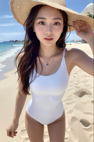 (Masterpiece: 1.2, best quality), (1girl, solo, upper body: 1.2), 18 years old, Clothing: Little white two-pitch swimsuit, wide-brimmed hat, Tight sandals, Accessories: Shell necklace, Hair: loose beach waves, Makeup: Nature, Fluorescent skin, Behavior: Relaxed, Carefree, Independent, Free spirit, Location: Beach, Resort, Outdoor Festival, Red Eyes, Big,
