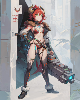 neat face, cyberpunk, armor in the style of Horizon Zero Dawn, Red-haired girl, neat green eyes, pigtails, a wreath of fiery horns on her head, barbarian, a huge techno cannon in her hands, a huntress, bones on the body, insect plates, chitin, fur, small bones, light bones and red fur on the shoulders, dark leather stockings made of strips of cut skin on the legs, ropes and light bones on the body,  thin panties, a small bra made of bones, bright red hair, jewelry made of horns, a fur gun. Instead of underpants, rope, bones and chitin, fur shoulder pads and with chitin, a tail of hair on the back of the head, a short haircut, a bionic cannon in the form of the mouth of a wolf, shark, dragon look up. The girl has green eyes, a playful look, a good-natured smile, a neat nose, tight panties, tight thongs, mini-underwear, leaky underwear, torn fabrics, a lot of torn fabrics, a lot of holes in fabrics, a cannon with a monster's head, a cannon barrel in the form of a monster, a flame bursts out of her mouth, a portal in a cannon. The girl has short hair, a ponytail at the back is short and looks up, fur shoulder pads, a jacket on the shoulders, a torn bra, the pubis is open, diagonal straps all over the body, powerful energy escapes from the open toothy mouth of a cannon, a bird's skull on a girl's belly, tattoos, vertebrae on the edges of stockings, cyberpunk, ethnic style of clothing, vintage clothes, worn, prehistoric style, prehistoric jacket, elbow pads made of insects,  chitinous cannon, bionic cannon, torn jacket sleeves, chitinous plates on the jacket, flame flashes, cyberpunk, the whole cyberpunk style, a lot of technology, technologies of the future, futurism, science fiction, fantasy, wildness, sexuality, emphasized eroticism, cold lighting, flames from everywhere, a lot of fire, bones on the shoulders, small details on the shoulders, a skull on the belt, the girl has curly hair, tattoos on her face, maximum nudity, diagonals, caveman,  prehistoric image,