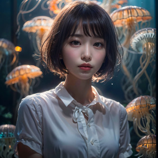 (Background, There are many colorful jellyfish in the aquarium):1.5, (Jellyfish are lit up), (Standing in front of the aquarium located behind), (high shadows detail), (short hair, dark brown hair),  best quality, masterpiece, ultra high res, (photorealistic:1.3), RAW photo, (1woman:1.3, solo), (Woman looking at the aquarium), (asian girl, ultra delicate face, ultra delicate eyes, ultra detailed nose, ultra detailed mouth, ultra detailed facial features), BREAK (Ruffled blouse with white collar, Black pencil skirt), (medium breast:1.3), from the front side, (shiny skin),  (Sony ?7, 85mm Lens, f9.0, pan focus)