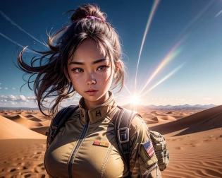 army uniform solider young girl, beautiful symmetric face, big kind eyes , looking down, (dynamic pose), in a dry desert , bright flare sun, heat radiate, neon sea , wide angle from a far away angle, cinematics 4k, 8k, desert sun and sun dunes background bright , Far view shot, flushing and fantasy, very beautiful and elegant, highly detailed, digital painting, ultra highres, (realistic, photo-realistic:1), 8k, raw photo, hyperrealism, photography, (photon mapping, physically-based rendering), <lora:add_detail:1> <lora:add_sharpness:1>