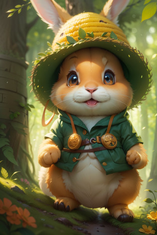 Cute rabbit drawing in the forest, Facing forward?Wearing a yellow hat?wojtek fus, Portrait of a cute anthropomorphic rabbit,Adorable Digital Painting, childrens book illustration, childrens book illustration, children's art in artstation, story book illustration, Randy Gallegos, Pixar cute character design, Trevor White, cute forest creature, childrens book illustration, Arthur?Have an open book