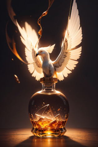 Design an image featuring a single whiskey bottle flying gracefully in mid-air. The bottle should have elegant wings sprouting from the sides, adding a touch of sophistication to its appearance. The label on the bottle should be exquisitely detailed, featuring intricate patterns and a golden embossed logo. The whiskey inside the bottle should have a rich, amber hue, and the bottle should be partially filled, showcasing the liquid's enticing color. The background of the image should be pure white, emphasizing the beauty and elegance of the flying whiskey bottle. Use lighting and shadows to create a sense of depth and dimension, making the bottle appear as if it's hovering effortlessly. The overall composition should exude a sense of refined luxury and intrigue, making the viewer wonder about the magical world where this flying whiskey bottle exists.