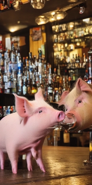 Pig drinking beer in a bar