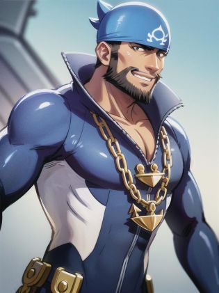 <lora:ArchieLora:0.8>
beard, male focus, wetsuit, bandana, 1boy, facial hair, dark skin, pectorals, dark-skinned male, blue bandana, smile, chain necklace, jewelry, necklace, anchor necklace, bara, bodysuit, muscular, muscular male, pokemon (creature), short hair, blue bodysuit, pectoral cleavage, covered abs, mature male, black eyes, looking at viewer, chain, anchor, large pectorals, watercraft, solo, grin, underwater, teeth, skin tight, black hair, multicolored bodysuit,