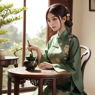 araffe woman in a green kimono sitting at a table with a tea pot, traditional chinese clothing, traditional chinese, palace ? a girl in hanfu, with acient chinese clothes, wearing ancient chinese clothes, chinese costume, chinese woman, chinese style, chinese girl, tea ceremony scene, hanfu, cheongsam, chinese dress, elegant japanese woman